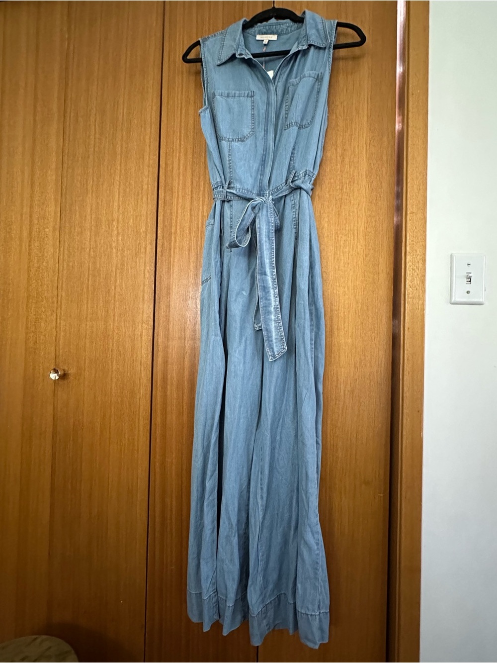 Skies Are Blue Sleeveless Chambray Tie-Waist Jumpsuit - Light Blue
